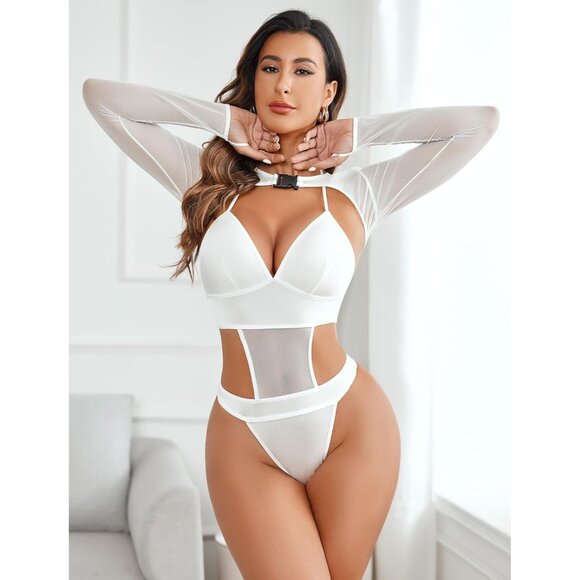 Women White Festival Sexy Lingerie Bodysuit Buckle Shrug Crop Top Set Outfits - Picture 2 of 6